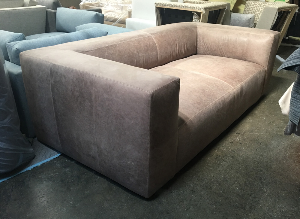 Left angle view of a 96 inch Bonham Leather Sofa in Burnham Dove Full Aniline Nubuck Leather