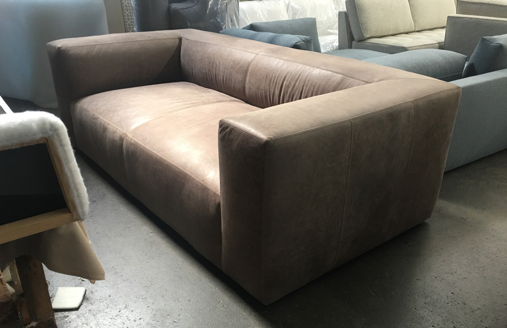 Another right angle view of a 96 inch Bonham Leather Sofa in Burnham Dove Full Aniline Nubuck Leather