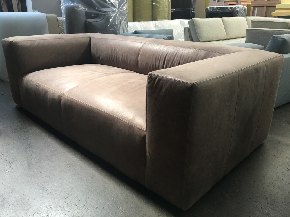 Right angle view of a 96 inch Bonham Leather Sofa in Burnham Dove Full Aniline Nubuck Leather