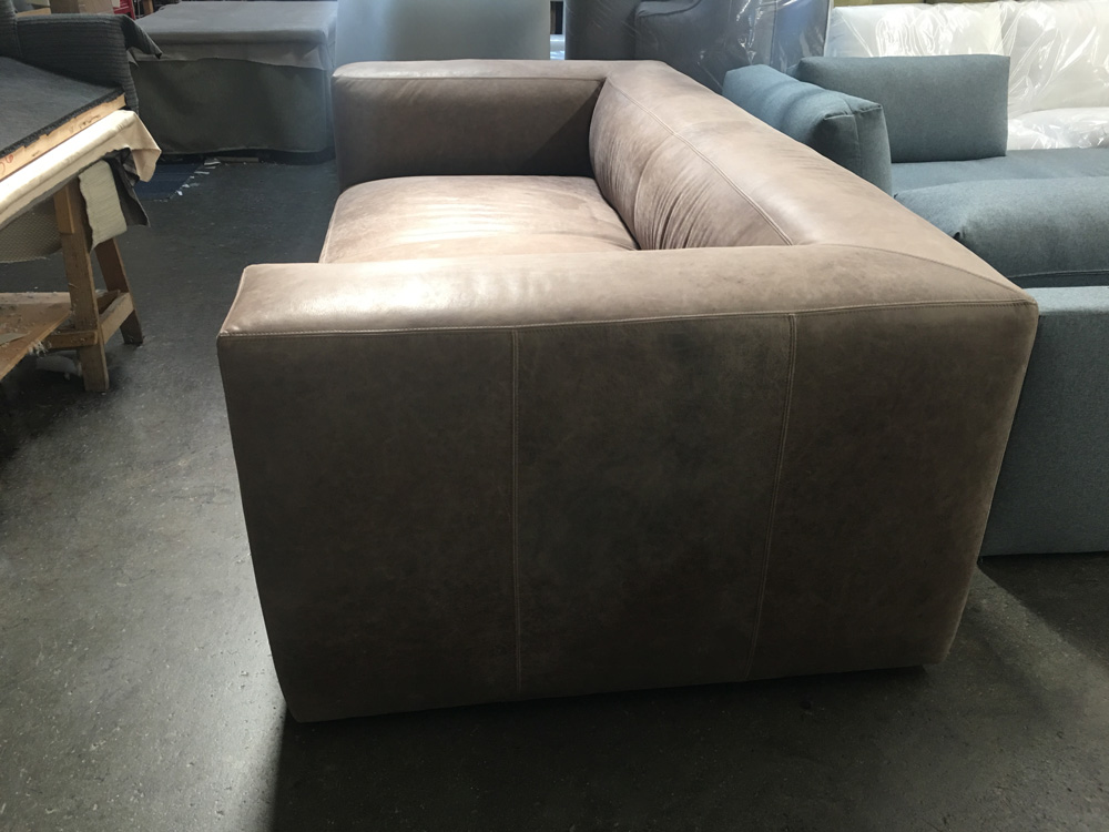 A side view of a 96 inch Bonham Leather Sofa in Burnham Dove Full Aniline Nubuck Leather