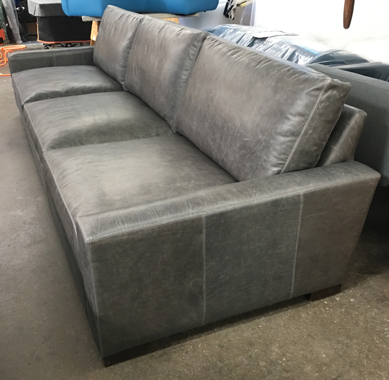 Side angle view of Braxton 132 inch Sofa in Italian Berkshire Pewter Leather