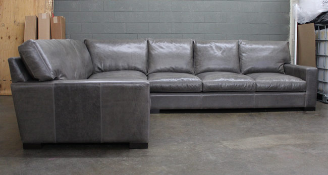 View of RAF side of Braxton Leather L Sectional in Mont Blanc Wolf