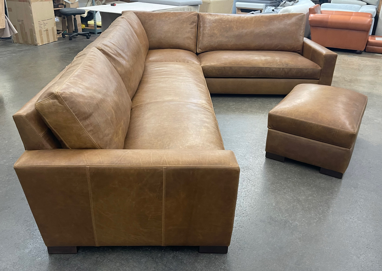 Custom Braxton L Sectional in Berkshire Tan Leather with matching Storage Ottoman - LAF side view