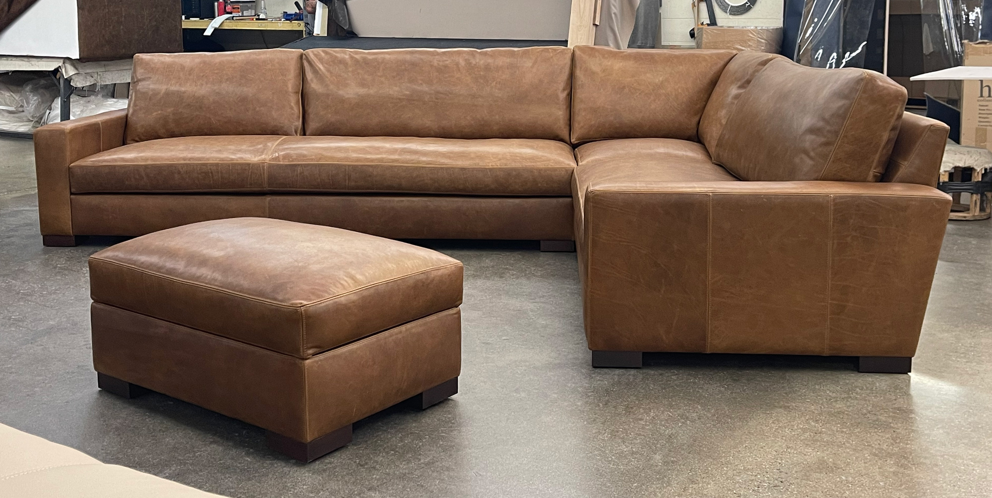 Custom Braxton L Sectional in Berkshire Tan Leather with matching Storage Ottoman - RAF side view