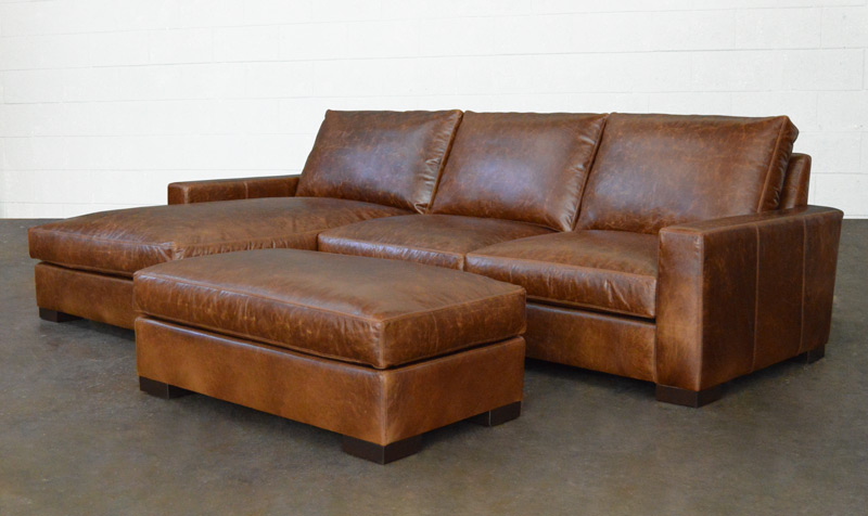 Right angle view of the Braxton Sofa Chaise Sectional with Cocktail Ottoman in Italian Brompton Classic leather