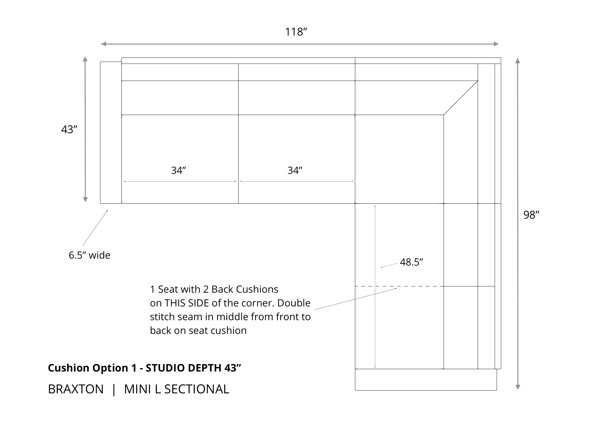 Dimension Diagram - Braxton Mini L Sectional - 43 inch depth - Cushion Option 1