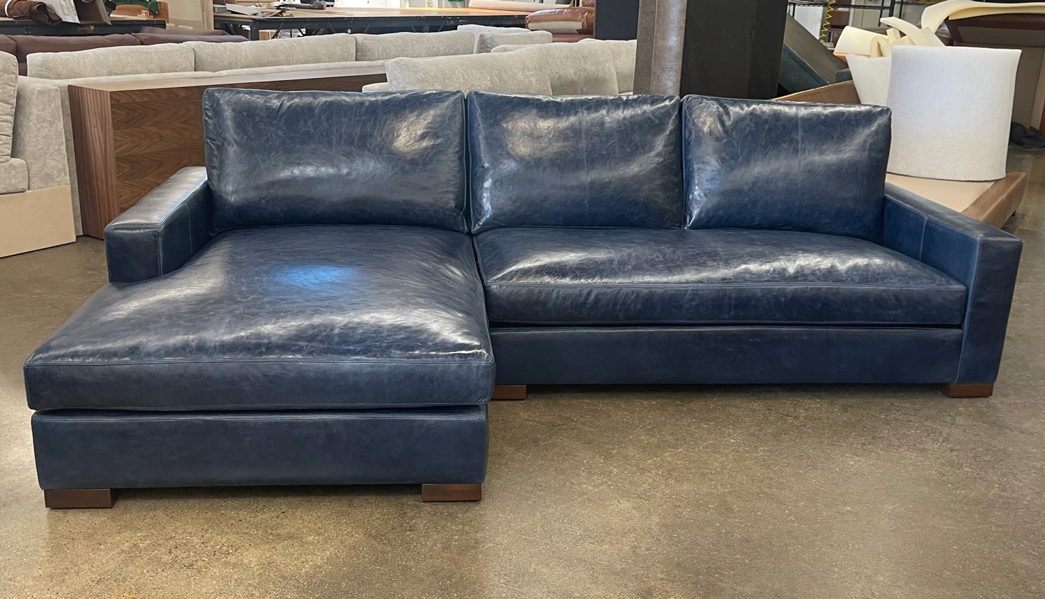 Braxton Sofa Chaise Sectional in Italian Mont Blanc Larkspur Blue Leather