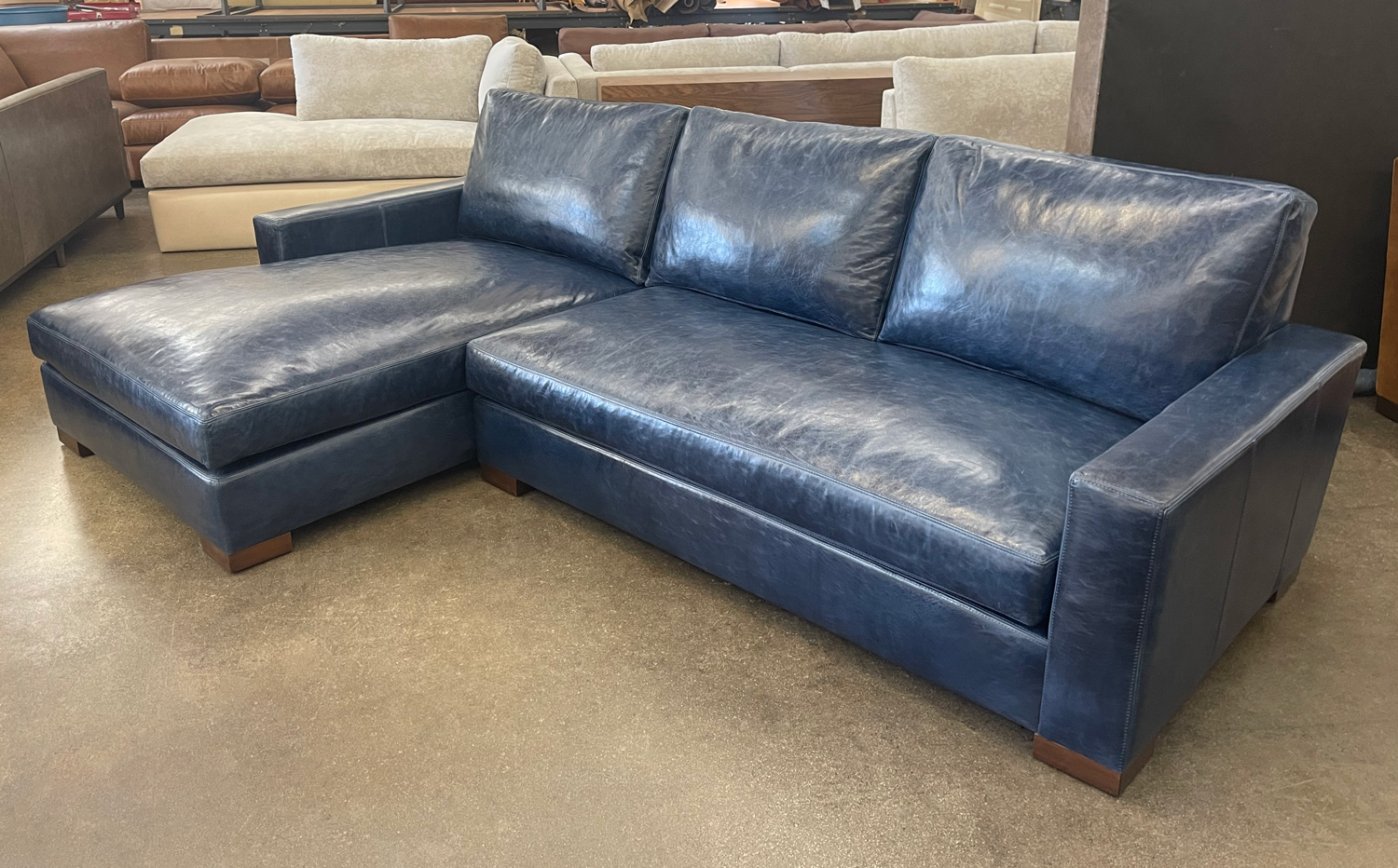 Braxton Sofa Chaise Sectional in Italian Mont Blanc Larkspur Blue Leather- RAF front angle view