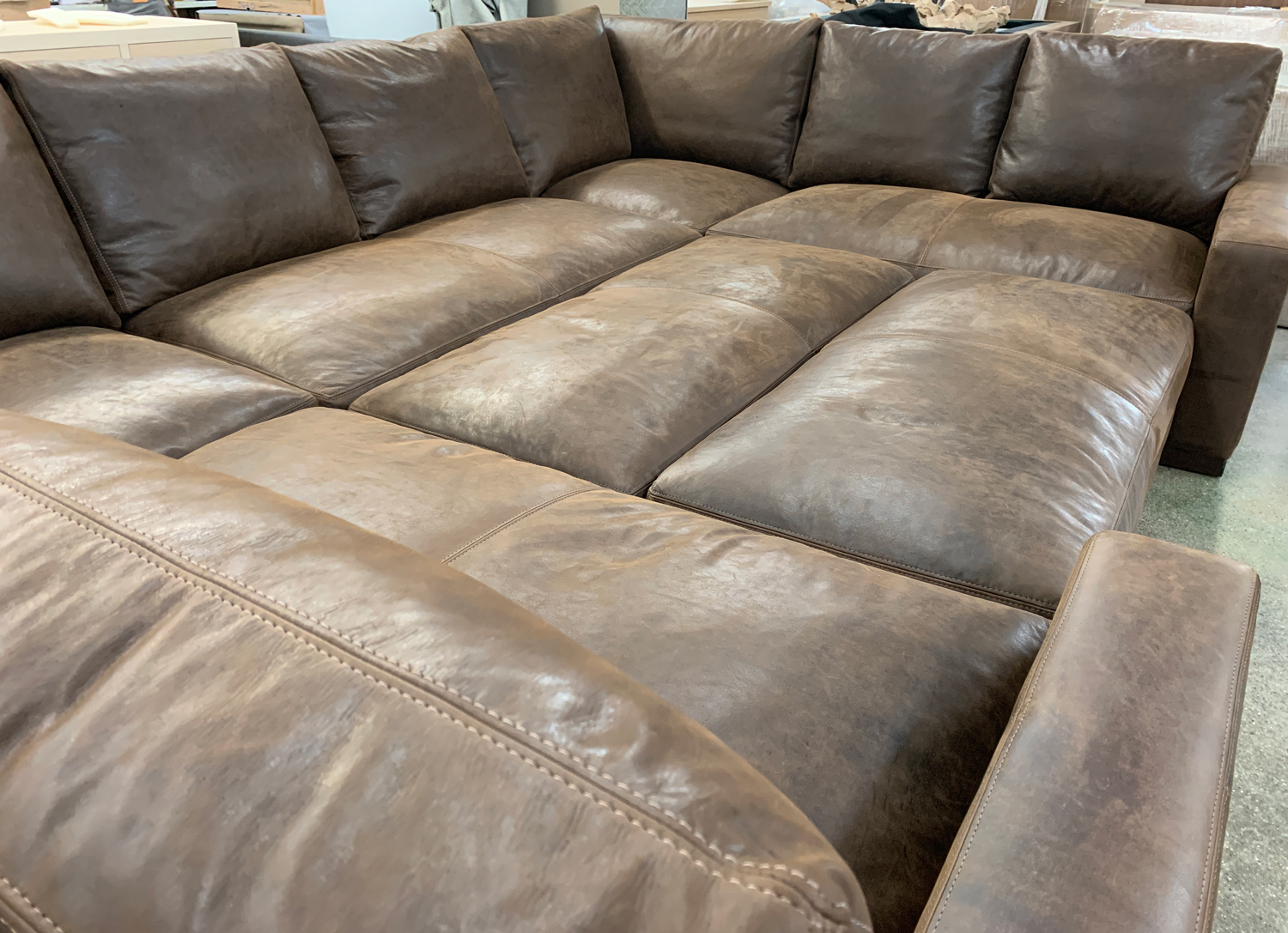 Braxton U Sectional Sofa in Burnham Molasses Leather with Ottomans - 43 inch - detail