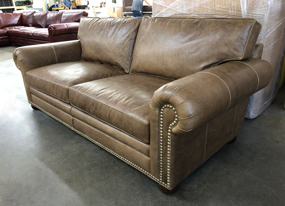 Langston Leather Sofa-Custom 88 inch Length-Italian Berkshire Burlap Leather-French Natural Nail Heads-43 inch depth-raf front