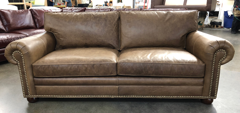 Langston Leather Sofa-Custom 88 inch Length-Italian Berkshire Burlap Leather-French Natural Nail Heads-43 inch depth-front
