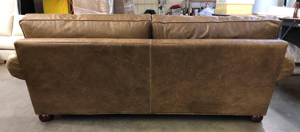 Langston Leather Sofa-Custom 88 inch Length-Italian Berkshire Burlap Leather-French Natural Nail Heads-43 inch depth-rear