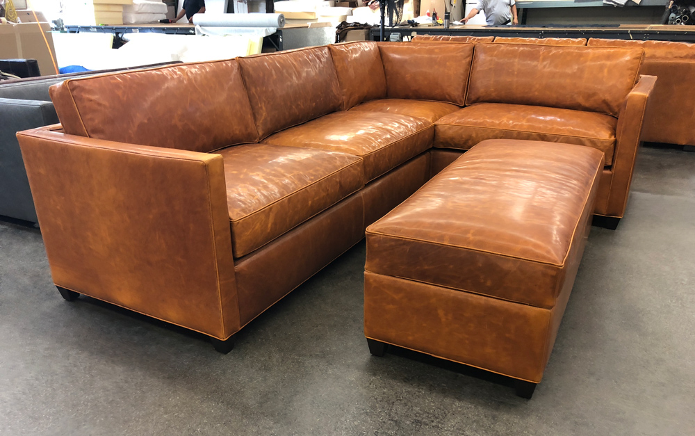 Arizona Mini L Sectional Sofa with Storage Ottoman in Italian Domaine Bronze Leather - without Tufting - LAF View