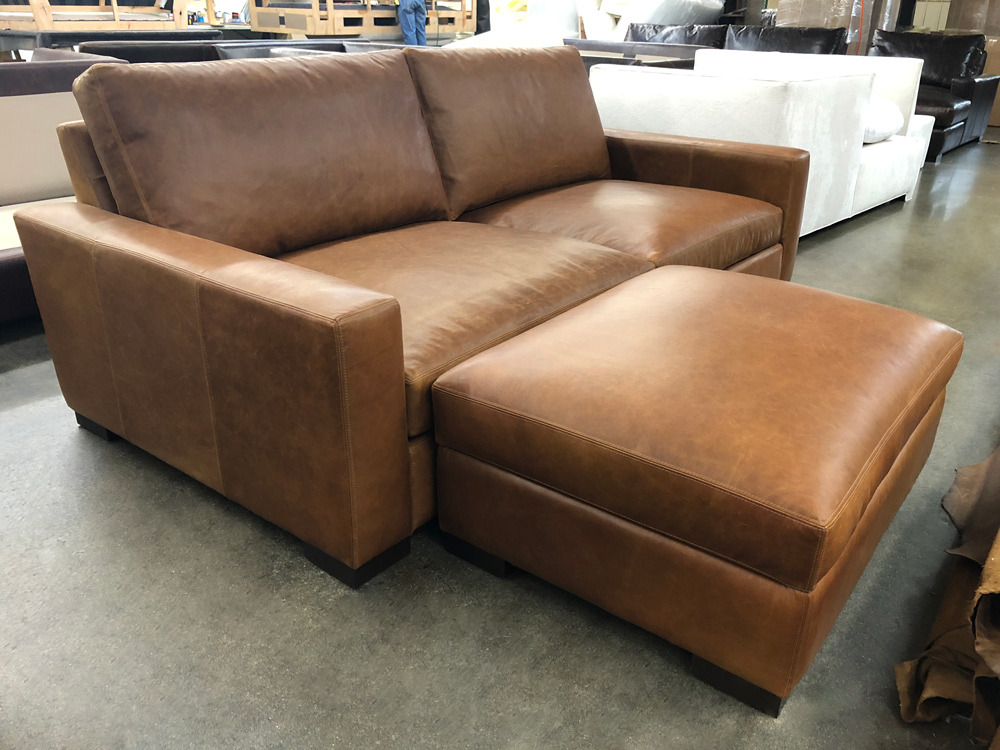 90" x 46" Braxton Leather Sofa with Storage Ottoman in Italian Berkshire Chestnut Leather