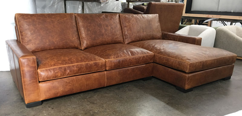 Left front view of this Braxton Sofa Chaise Sectional in Italian Brentwood Tan Leather