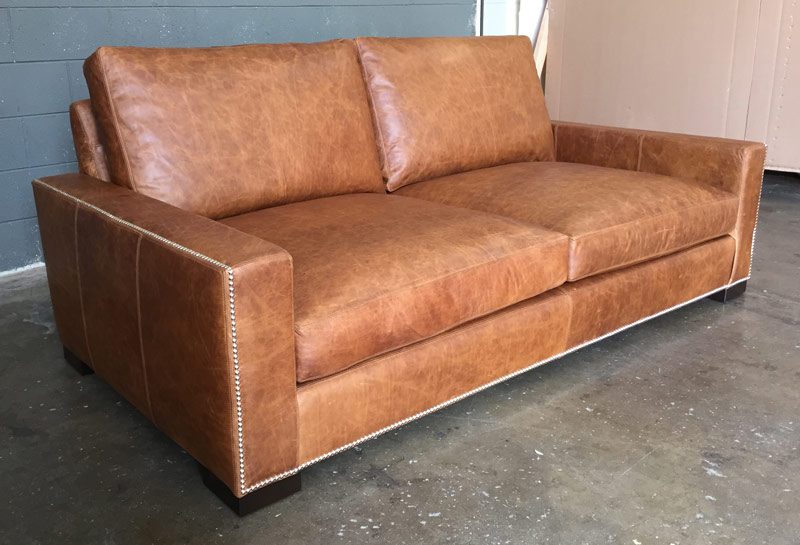 Braxton Leather Sofa with Custom Placed Nail Head Trim in Berkshire Chestnut