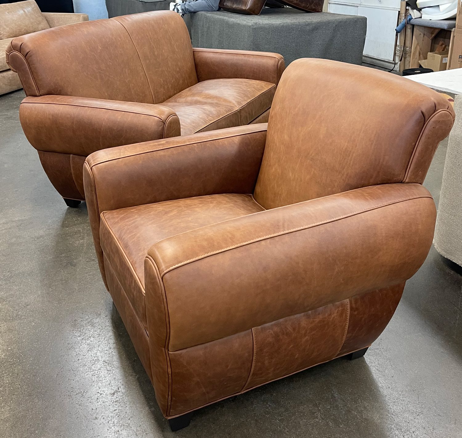 Midtown Leather Club Chair and Sofa Set in Brentwood Cuero Leather RAF LAF sides