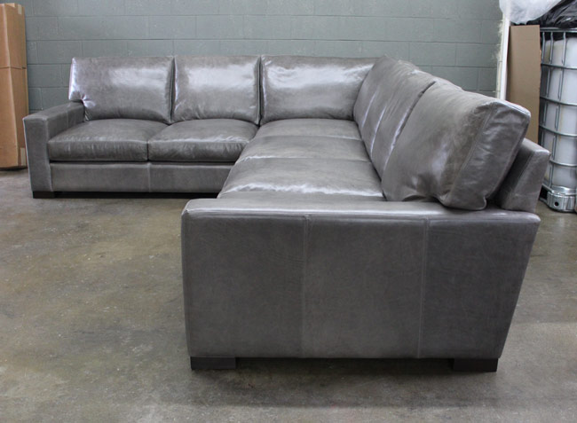 View of LAF side of Braxton Leather L Sectional in Mont Blanc Wolf