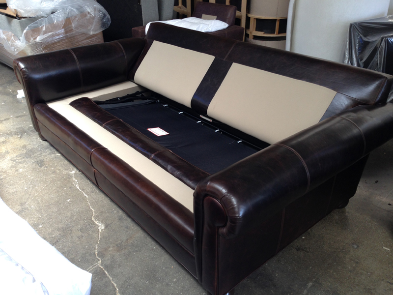Langston Leather Sofa Sleeper in Brompton Cocoa with cushions off