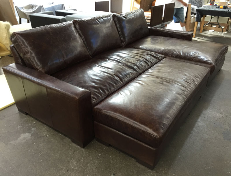 Braxton Sofa Chaise Sectional with Custom Leather Cocktail Ottoman