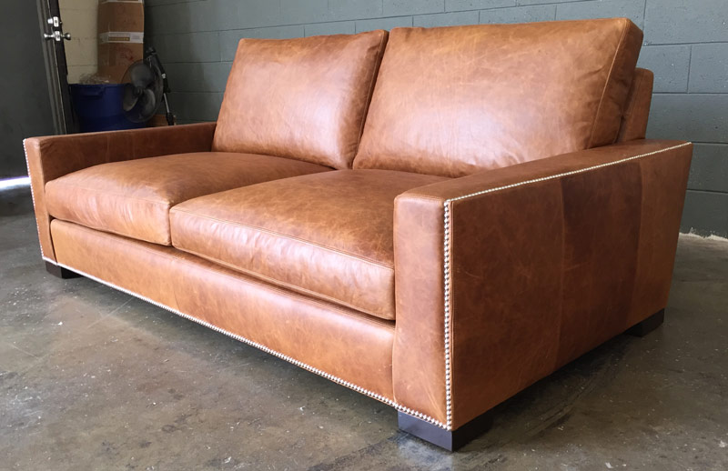 Braxton Leather Sofa in Italian Berkshire Chestnut with Nail Head Trim